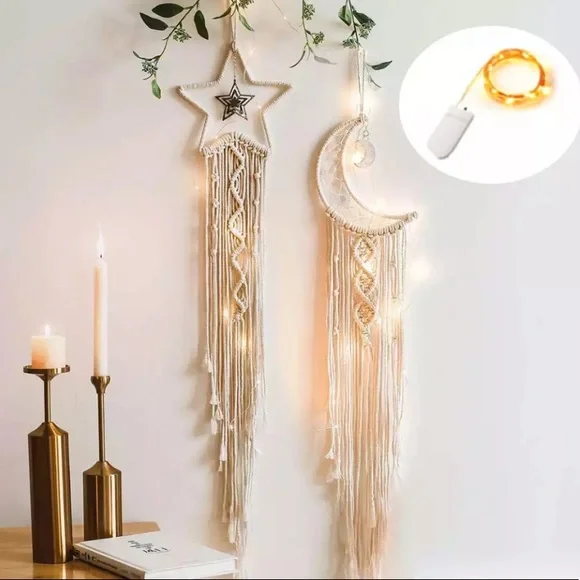 New Bohemian Lighted Macramé Star & Moon Set - Picture 1 of 7